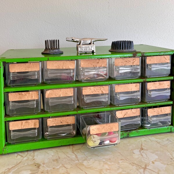 Vintage Metal Cabinet, 15 Plastic Drawers, Lime Green, Parts Organizer, Desktop or Wall, Industrial Decor, Made in Denmark