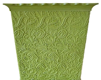 Vintage 1970s Max Klein Waste Basket, Avocado Plastic Trash Can, Raised Floral Lace Bin