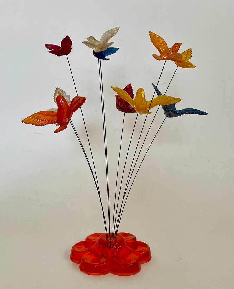 Vintage Sculpture Plastic Birds on Wire Orange Etsy