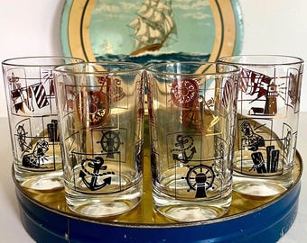 Vintage Nautical Juice Glasses: Sailing Beach Lighthouse, Gold Black Graphics, Set of 4