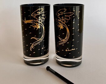 Vintage Fred Press, Black Gold Tumblers, Highball Pair, Stylized MCM Roosters, Mid Century Barware, High Ball Glasses