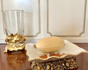 Vintage Gold Ormolu and Porcelain Soap Dish, Ornate Rose Vanity Accessory, Glam Powder Room