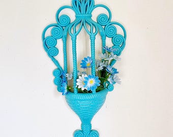 Vintage Burwood Blue Wall Pocket, Faux Wicker Plastic Planter Sconce, 1970s Cottagecore Decor