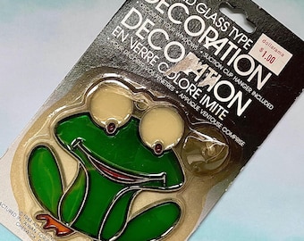 Vintage NOS Green Frog Suncatcher, Plastic Stained Glass Window Hanger, 1980s Taiwan
