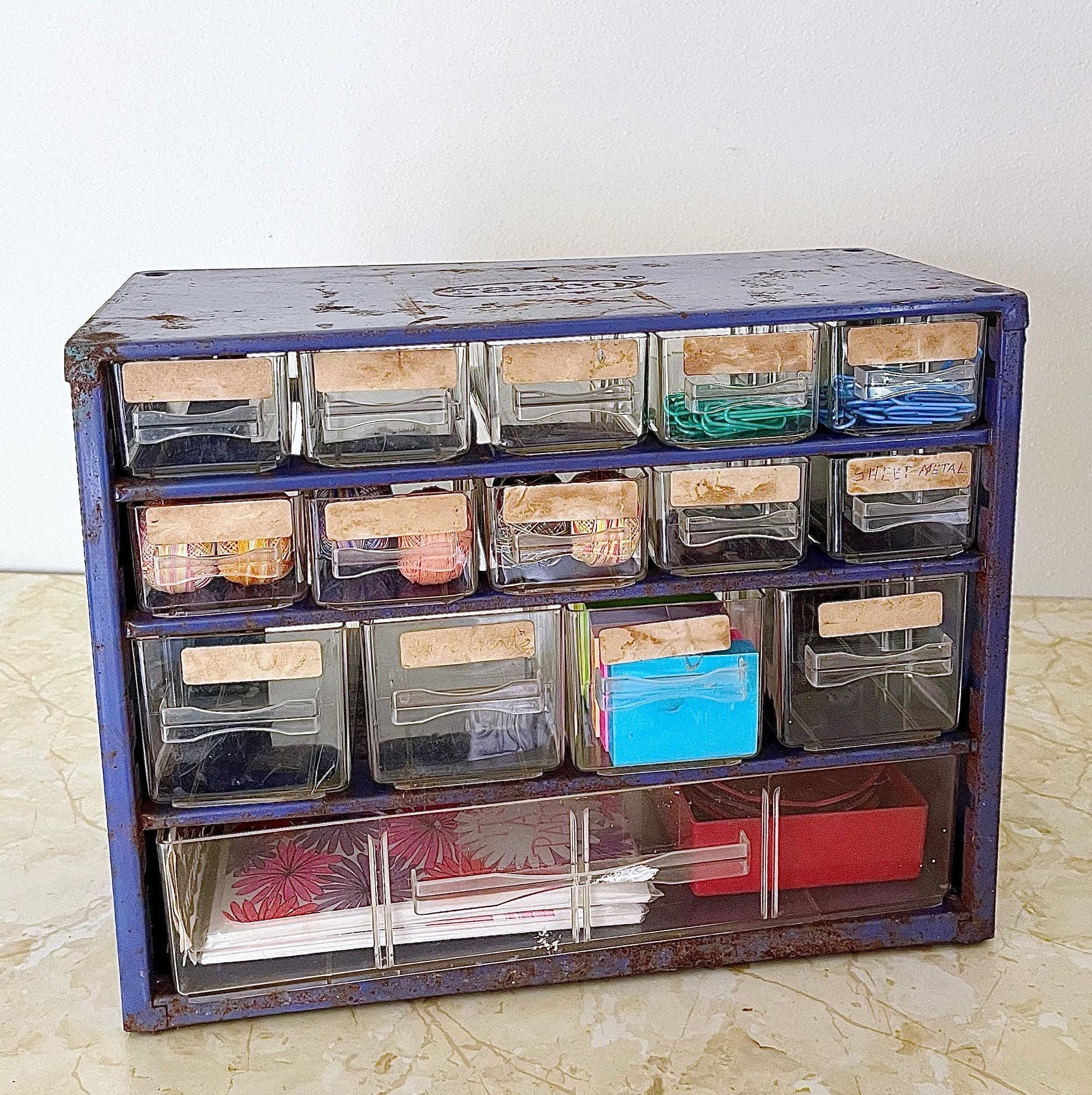 Vintage Metal Cabinet, 15 Plastic Drawers, Periwinkle Blue Purple, Parts Organizer, RAACO Denmark, Desktop or Wall, Industrial Decor