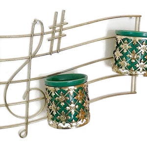 Vintage Wall Planters, Gold Punched Metal, Green Ceramic Pots, Sierra Columbia, Music Staff Sconce, Mid Century Decor