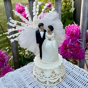 Vintage Black Bride Groom Cake Topper: Plastic Wedding Figurines, 1980s Coast Novelty, Satin Gown Millinery Flowers