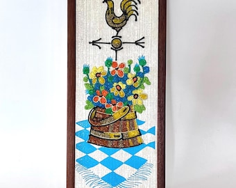 Vintage Rooster Gravel Pebble Art Wall Hanging, 17 x 7 Mosaic Plaque, Narrow Weather Vane Floral