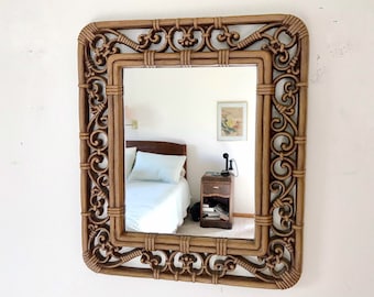 Vintage Faux Wicker Rattan Wall Mirror, 1970s Homco Plastic Rectangle, Horizontal or Vertical