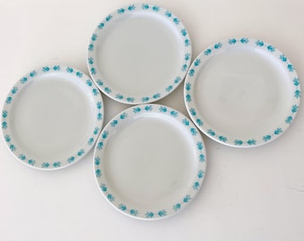 Vintage Shenango Laurentian Restaurant Plate Set, 4 Small Bread, Aqua Blue Leaves, 1960s Diner