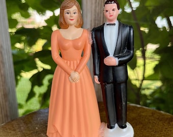1980s Peach Bridesmaid Groomsman Wedding Cake Topper: Hong Kong Plastic Figurines