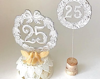 Vintage 25th Wedding Anniversary Cake Toppers, 1970s Wilton Dove Decoration & Silver 25 Pick