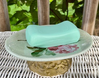 Vintage Pink Floral Soap Dish, Gold Ceramic Pedestal Base, Springmaid Cottage Core Bathroom