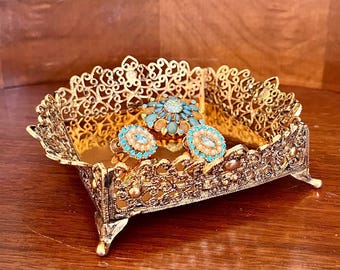 Vintage Gold Trinket Dish, Ornate Metal Heart Filigree, Four Feet