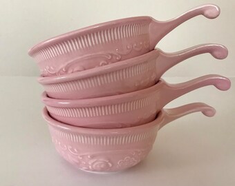 Vintage Oven Serve, Four Handled Bowls, Taylor Smith Taylor, French Onion Soup, Embossed Pink Set