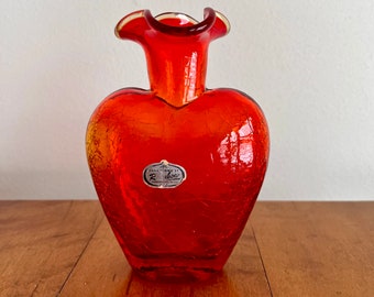 Vintage Amberina Glass, Small Heart Vase, 1960s 1970s Rainbow, Crackle Art Glass, Original Label