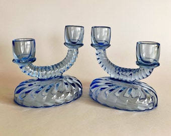 Vintage Candle Holders, Elegant Cambridge Glass, Moonlight Blue, Pair Two Tiered, Taper Candleholders, Twist Swirled, Candlestick Holders
