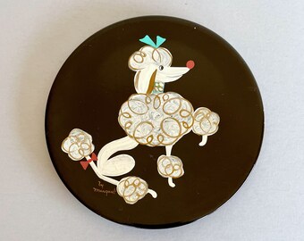 Vintage Poodle Decor, Black Wall Plaque, Hand Painted Rhinestones, 1950s Round Wood