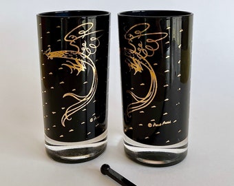 Vintage Fred Press, Black Gold Tumblers, Highball Pair, Stylized MCM Roosters, Mid Century Barware, High Ball Glasses