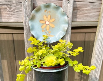 Vintage Planter Sconce, Flower Pot Hanger, Hanging Plant Holder, Rustic Blue Metal, Handpainted Flower