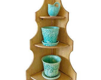 Vintage 3-Tiered Wood Corner Shelf: Hanging or Standing Knick Knack Shelves, Made in Japan
