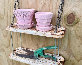 Vintage Upcycled Metal Swing Seat Shelf, Rustic Tiered Shelving, 2 Hanging Options, She Shed Nursery