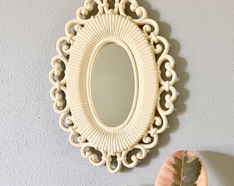 Vintage Oval Mirror, Small White Homco, Faux Wicker Rattan, 1970s Boho Decor