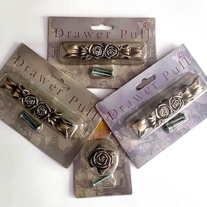 Vintage Figi NOS Brass Drawer Pulls, 4-Piece Hardware Set, 1990s Ornate Floral Rose Design