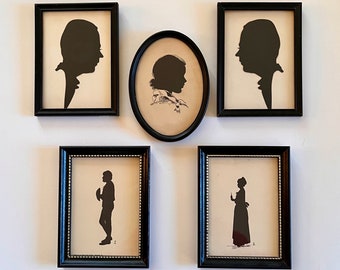 Vintage Silhouette Set, Profile Portraits, Gallery Wall Decor, Small Black Frames, 1937 Oval Woman, Helen Nel Laughon