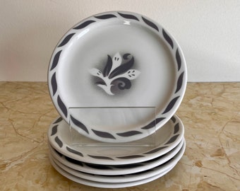 Vintage Restaurant Plates, 5 Salad Size, Jackson China Airbrush, Restaurantware Set, Abstract Gray Floral