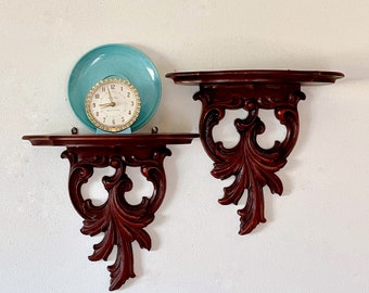 Vintage Shelf Sconces, Syroco Wood Pair, Floating Wall Shelves, Knick Knack Display, Ornate Carved Scrollwork, Plate Groove