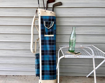 Vintage Golf Bag, Blue Plaid Par-Bag, Atlantic Products, Golf Club Holder, Fathers Day Gift, Man Cave Bar Decor