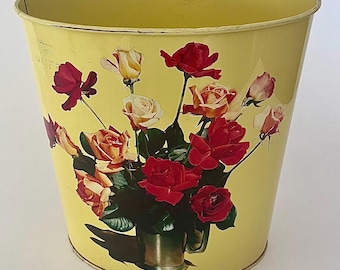 Vintage Yellow Metal Waste Basket: 1950s Floral Trash Can, Tin Litho Roses, Garbage Bin