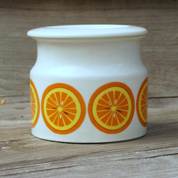 Arabia Finland Bowl: Pomona Orange Jam Jar with Lid, Mid Century Crock