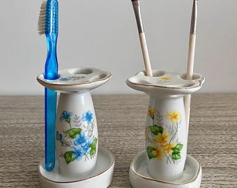 Vintage Toothbrush Holder: Blue OR Yellow Floral, Japan Ceramic