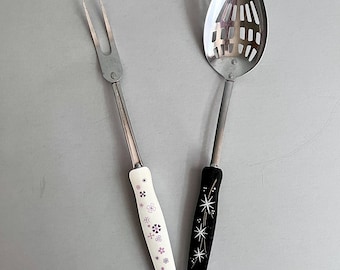 Vintage Ekco Atomic Starburst Kitchen Utensil: Black Slotted Spoon, OR Purple Flower Power Fork