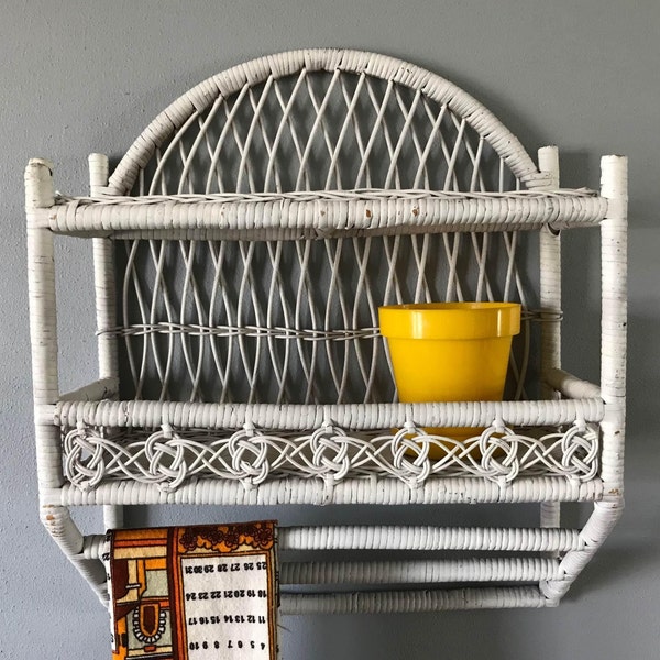 Vintage Wicker Shelf, White Wall Shelves, Towel Rack Bars, Two Tiered Shelving, Bathroom Nursery