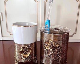 Vintage Stylebuilt Gold Bathroom Accessory Set: Toothbrush & Cup Holders, Porcelain Tumbler, Ormolu Metal Rose