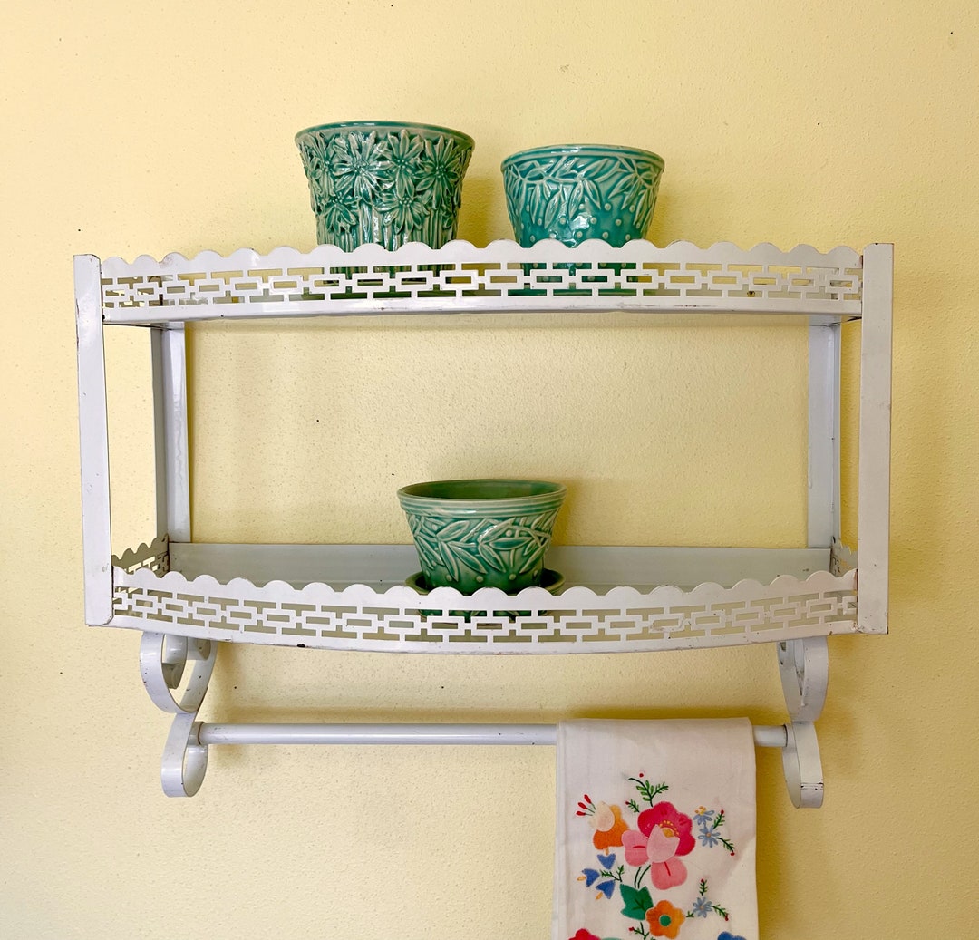 Vintage White Shelf Metal Wall Shelves Towel Bar Rack Two Etsy