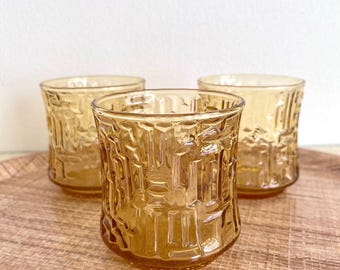 Vintage Libbey Artica Gold Rocks Glasses, Set of Three 1970s Lowball Tumblers, Textured Barware