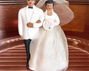 Vintage Black Bride Groom Wedding Cake Topper, Small Ceramic Bridal Couple Figurine, Wilton Chicago