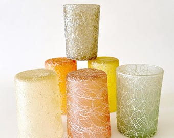Vintage Spaghetti String Juice Glasses: 1950s Color Craft Shat R Pruf, 6 Different Hues