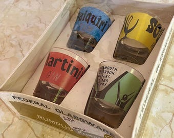 Vintage Shot Glasses with Cocktail Names: NOS Federal Rumpus Boxed Set, 1950s Barware
