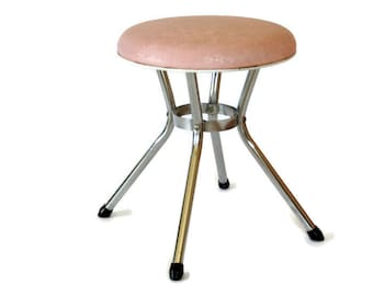 Vintage Cosco Stool, Pink Vanity Chair, Flowered Vinyl Seat, 1960s Bedroom, Mid Century Decor