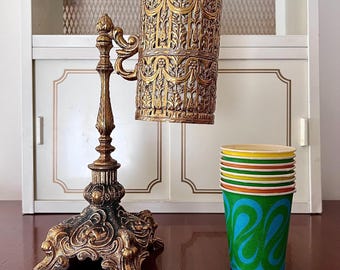 Vintage Gold Ormolu Dixie Cup Dispenser, Ornate Metal Holder, Plastic Insert, Maximalist Bathroom