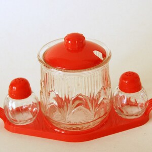 Vintage Condiment Set, Salt Pepper Shakers, Sugar with Lid, Red Plastic Caddy, Jam Mustard Marmalade image 1