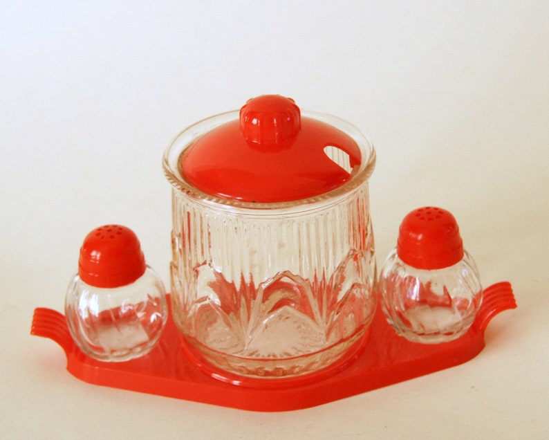 Vintage Condiment Set, Salt Pepper Shakers, Sugar with Lid, Red Plastic Caddy, Jam Mustard Marmalade image 1