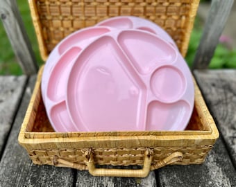 Vintage Plastic Plates, Pink Gotham Ware, Divided Compartment, Reusable Picnic Party, Camper RV Dishes