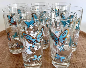 Vintage Aqua Gold Butterfly Tumblers: 8 Mid Century Highballs, 1950s Psyche Fantasy Barware