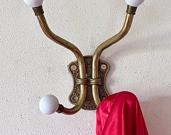 Vintage Brass & Porcelain Wall Hooks, Entryway Coat Rack, Bedroom Bath Closet, Interpur Taiwan